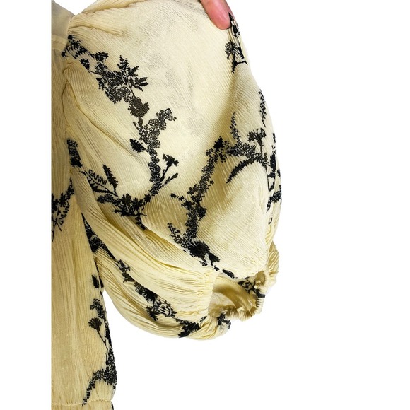 Ganni Womens Floral Print Pleated Georgette Mini Dress Pale Yellow Black Smocked - Picture 7 of 16
